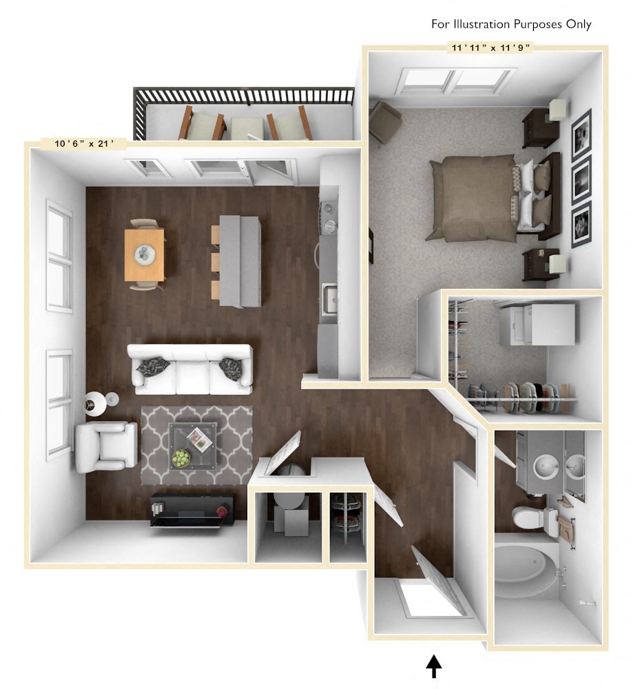 Floor plan for 1 bed, 1 bath, 734 sqft